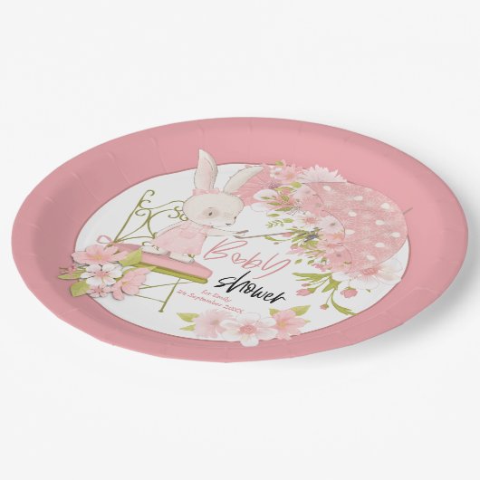 Assiettes En Carton Fleurs de parapluie lapin Nom Date Baby shower ros (Angle)