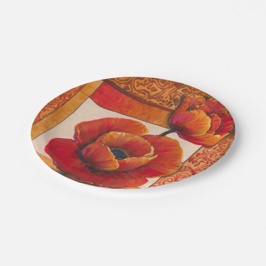 Assiettes En Carton Fleurs de pavot sur Tan et Arrière - plan orange (Angle)