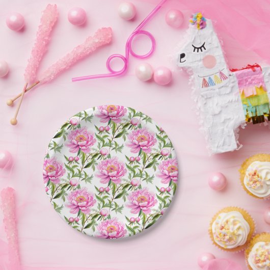 Assiettes En Carton Fleurs de pivoines roses avec Feuilles verts Sage (Fête)