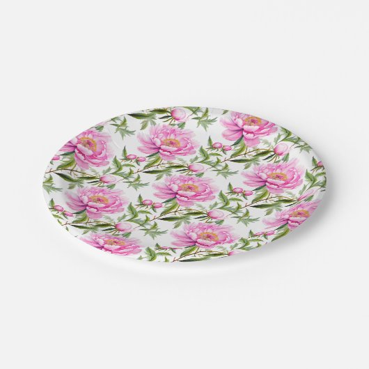 Assiettes En Carton Fleurs de pivoines roses avec Feuilles verts Sage (Angle)