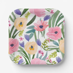 Assiettes En Carton Fleurs de printemps   Aquarelle florale pastel