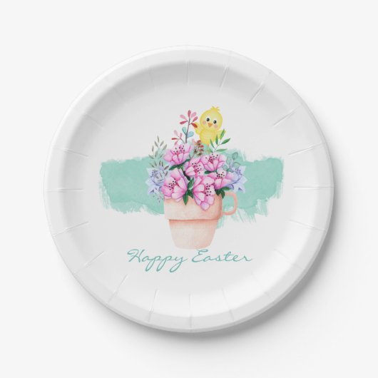 Assiettes En Carton Fleurs de printemps avec poussins de Pâques (Devant)