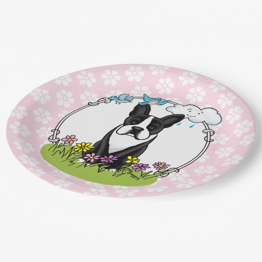 Assiettes En Carton Fleurs de printemps Boston Terrier Chien (noir) mi (Angle)