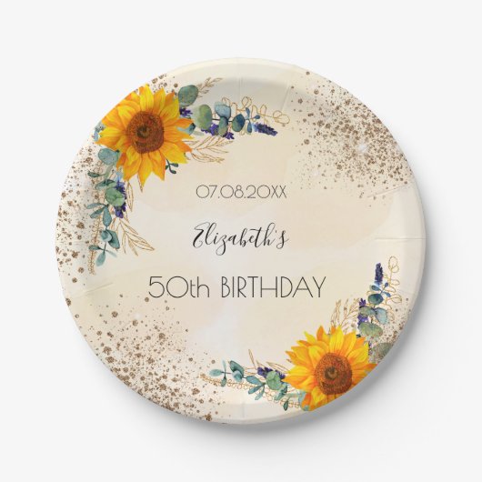 Assiettes En Carton Fleurs de soleil d'anniversaire parties scintillan (Devant)