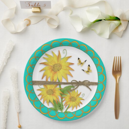 Assiettes En Carton Fleurs de soleil et papillons froncés (Mariage)