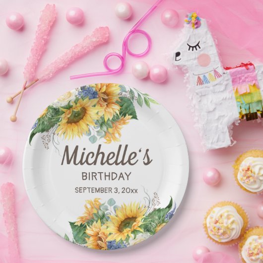 Assiettes En Carton Fleurs de soleil Eucalyptus Nom de l'anniversaire  (Fête)