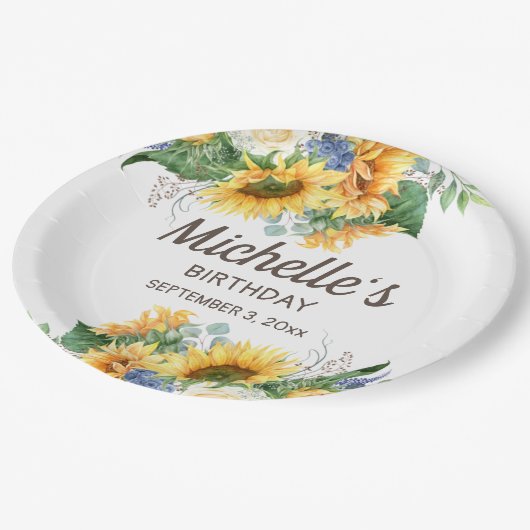Assiettes En Carton Fleurs de soleil Eucalyptus Nom de l'anniversaire  (Angle)