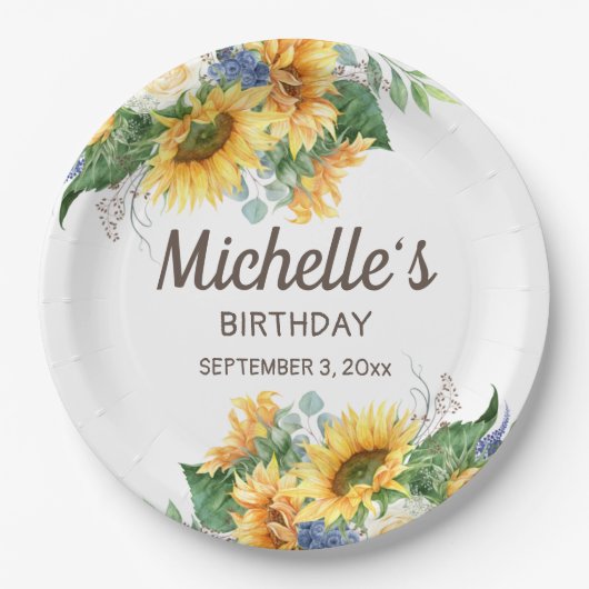Assiettes En Carton Fleurs de soleil Eucalyptus Nom de l'anniversaire  (Devant)