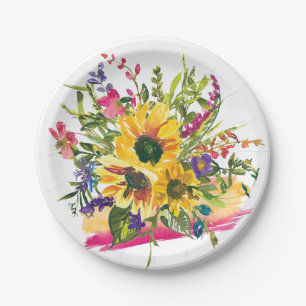 Assiettes En Carton Fleurs de soleil Fleurs sauvages vives aquarelle