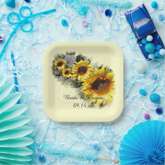 Assiettes En Carton Fleurs de soleil jaunes dans une rangée Mariage de (Fête)