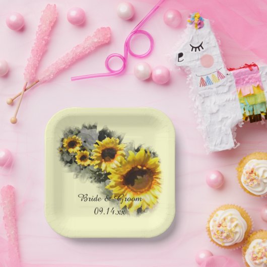 Assiettes En Carton Fleurs de soleil jaunes dans une rangée Mariage de (Fête)