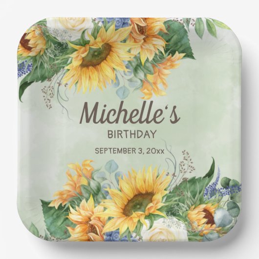 Assiettes En Carton Fleurs de soleil jaunes Eucalyptus vert Anniversai (Recto)