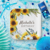 Assiettes En Carton Fleurs de soleil jaunes Faisceaux blancs Anniversa (Fête)