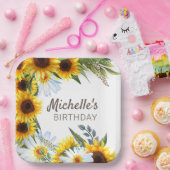Assiettes En Carton Fleurs de soleil jaunes Faisceaux blancs Anniversa (Fête)