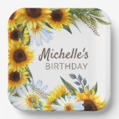 Assiettes En Carton Fleurs de soleil jaunes Faisceaux blancs Anniversa (Recto)