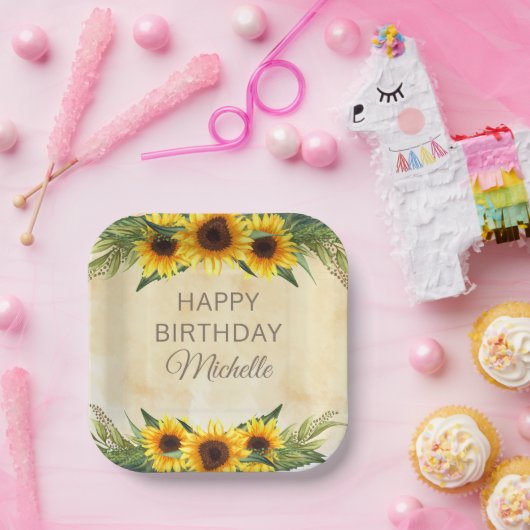 Assiettes En Carton Fleurs de soleil jaunes pays rustique Joyeux anniv (Fête)