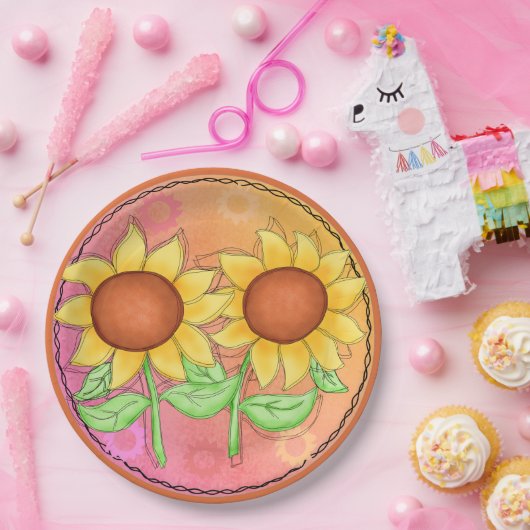 Assiettes En Carton Fleurs de soleil jaunes texturées vert rose floral (Fête)