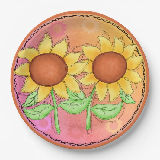 Assiettes En Carton Fleurs de soleil jaunes texturées vert rose floral (Devant)