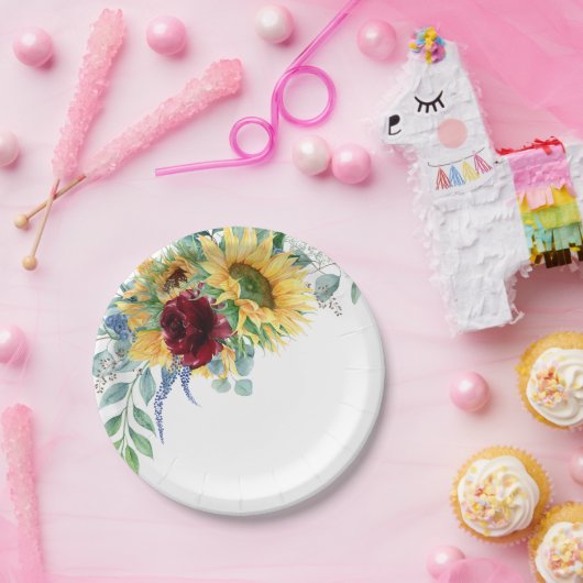Assiettes En Carton Fleurs de soleil rustiques et aquarelle Rose (Fête)