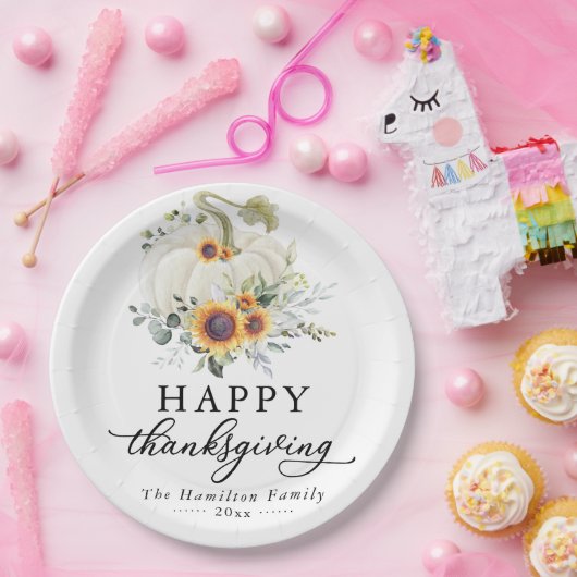 Assiettes En Carton Fleurs de soleil vertes Citrouille blanc Thanksgiv (Fête)