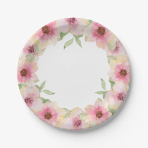 Assiettes En Carton Fleurs de teinte rose aquarelle