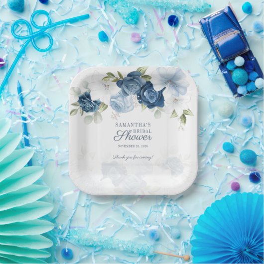 Assiettes En Carton Fleurs de teintes bleues et blanches aquarelle flo (Fête)