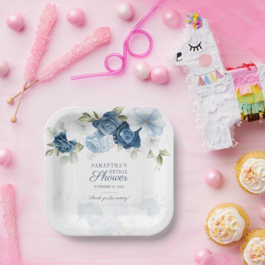 Assiettes En Carton Fleurs de teintes bleues et blanches aquarelle flo (Fête)