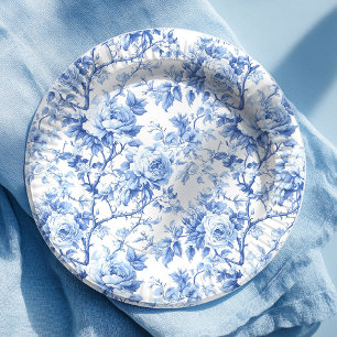 Assiettes En Carton Fleurs de toile de Jouy bleues de ferme moderne au
