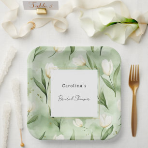 Assiettes En Carton Fleurs de tulipes blanches vertes Pretty Bridal Sh