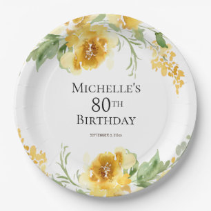 Assiettes En Carton Fleurs de verdure à l'aquarelle jaune 80e annivers