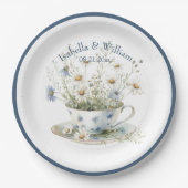 Assiettes En Carton Fleurs denim bleu défraîchi et marron personnalisé (Devant)