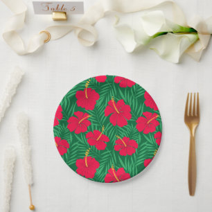 Assiettes En Carton Fleurs d'Hibiscus Rouge sur Feuilles Tropicales Ve