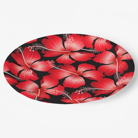 Assiettes En Carton Fleurs d'hibiscus rouges (Angle)