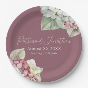 Assiettes En Carton Fleurs d'hortensia à l'aquarelle rose et blanc sur