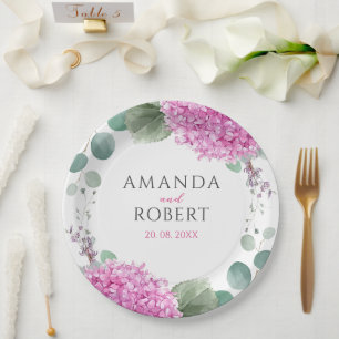 Assiettes En Carton Fleurs d'hortensia rose aquarelle mariage élégant