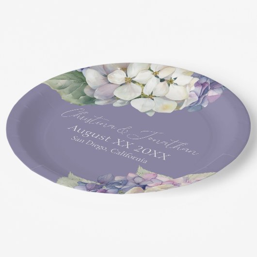 Assiettes En Carton Fleurs d'hydrangée violette et blanche sur lavande (Angle)