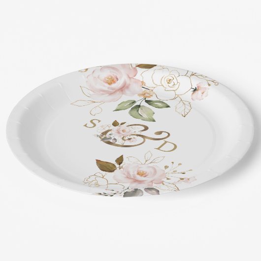 Assiettes En Carton Fleurs d'or Blush Whimsical Monogram Mariage (Angle)