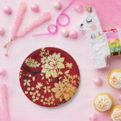 Assiettes En Carton Fleurs d'or orientales sur le rouge (Fête)