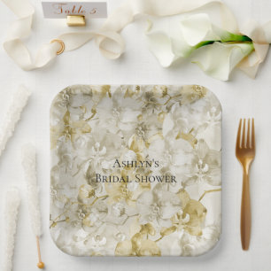 Assiettes En Carton Fleurs d'orchidée crème doré pour Baby Shower