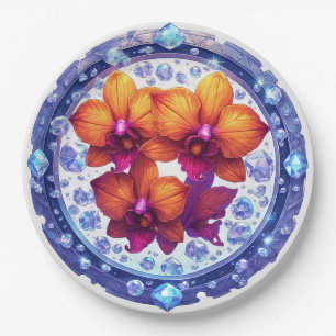 Assiettes En Carton Fleurs d'orchidées enchâssées dans des cristaux