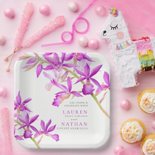 Assiettes En Carton Fleurs d'orchidées violettes aquarelle mariage bot (Fête)
