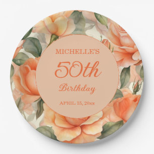 Assiettes En Carton Fleurs élégantes de pêche orange Roses 50e anniver
