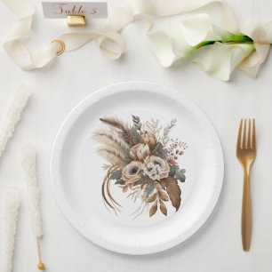 Assiettes En Carton Fleurs Élégantes Feuillage et plumes