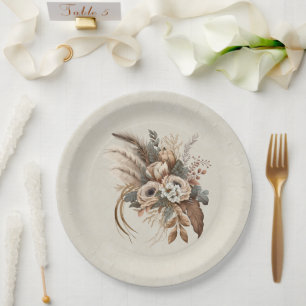 Assiettes En Carton Fleurs Élégantes Feuillage et plumes
