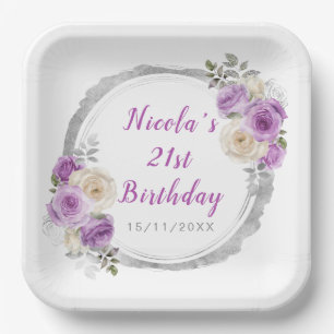 Assiettes En Carton Fleurs élégantes violettes et argentées Anniversai