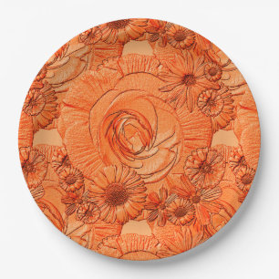 Assiettes En Carton Fleurs en relief - PLAQUES Orange-PAPIER