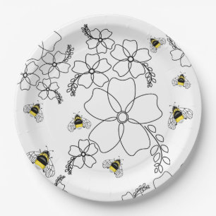 Assiettes En Carton Fleurs et bourdons dans un style minimaliste
