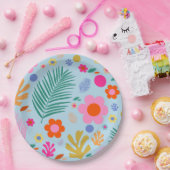 Assiettes En Carton Fleurs Et Feuilles 03 Bleu Et Rose (Fête)