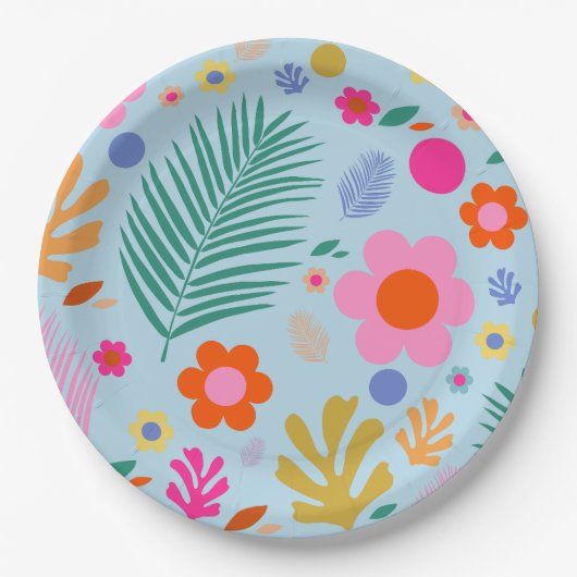 Assiettes En Carton Fleurs Et Feuilles 03 Bleu Et Rose (Devant)
