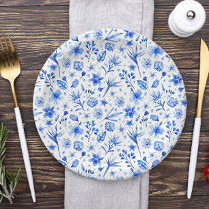 Assiettes En Carton Fleurs et feuilles tropicales bleu cobalt Motif 7"